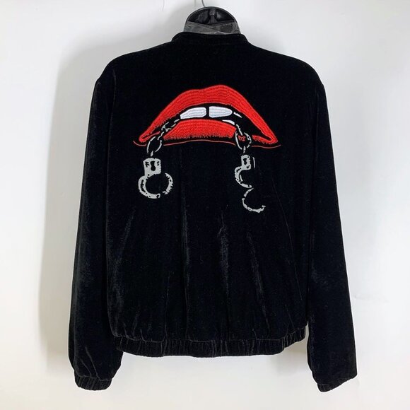 Obey Propaganda Women's Tough Love Bite Lip Handcuffs Velvet Bomber‎ Jacket SZ S - Picture 1 of 13